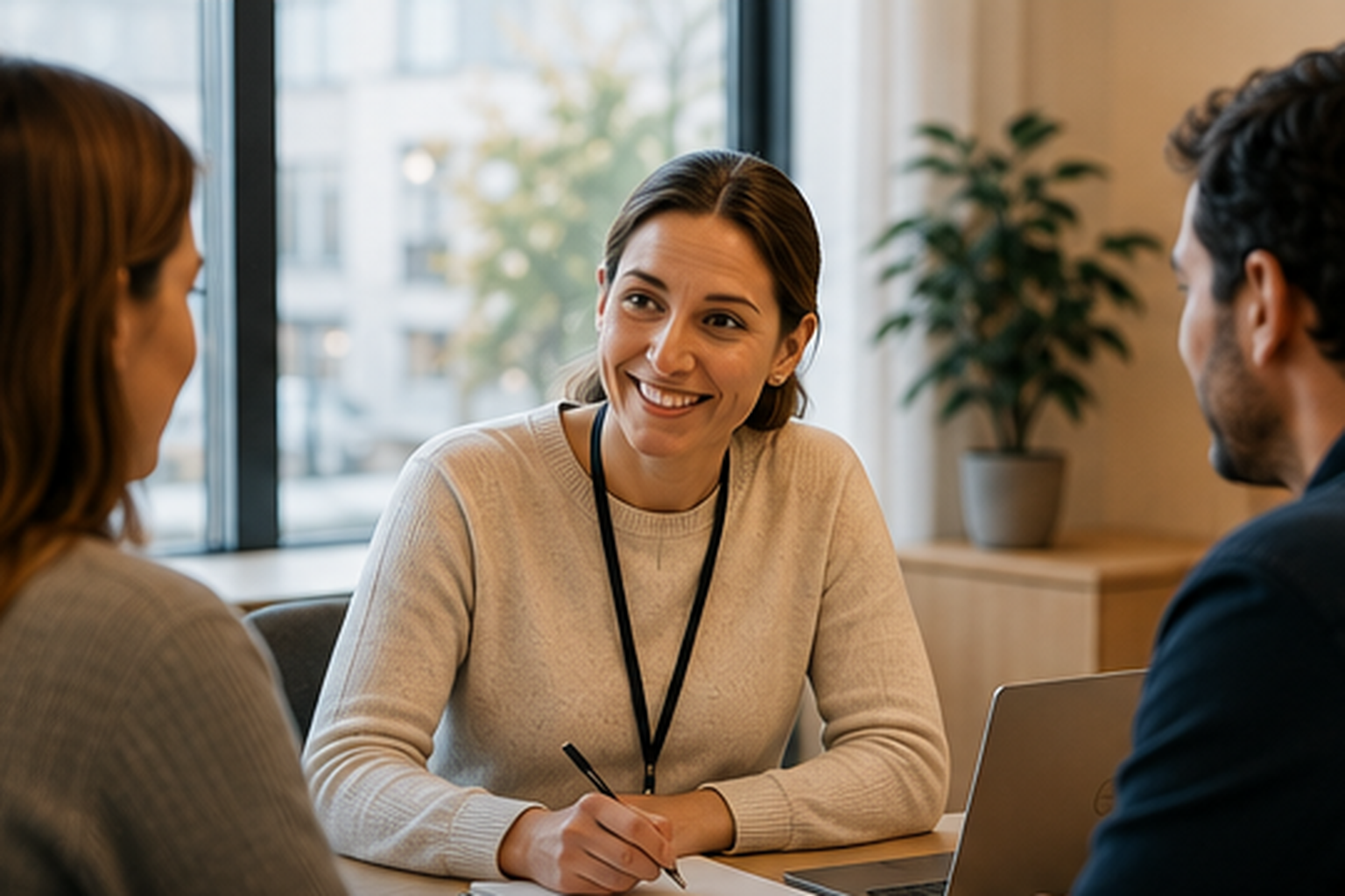 Kommunal handläggare i ett lugnt möte med två personer vid ett ljust bord